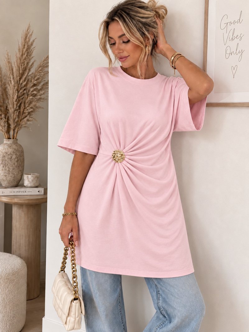 T-shirt long à détail bijou doré – Taille unique (34 au 40) Made in Italy