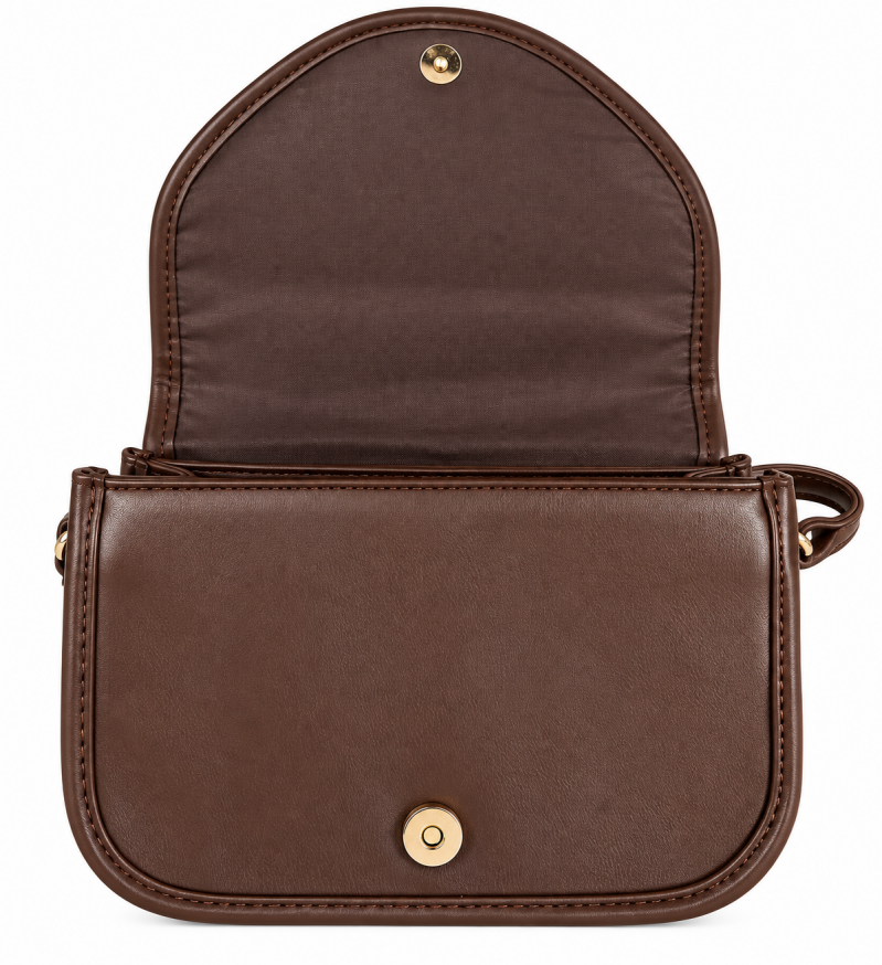 Sac bandoulière chocolat à rabat – détail de la finition