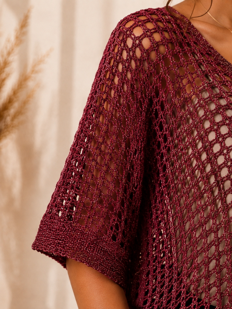 Top en maille ajourée Lurex bordeaux – autre vue