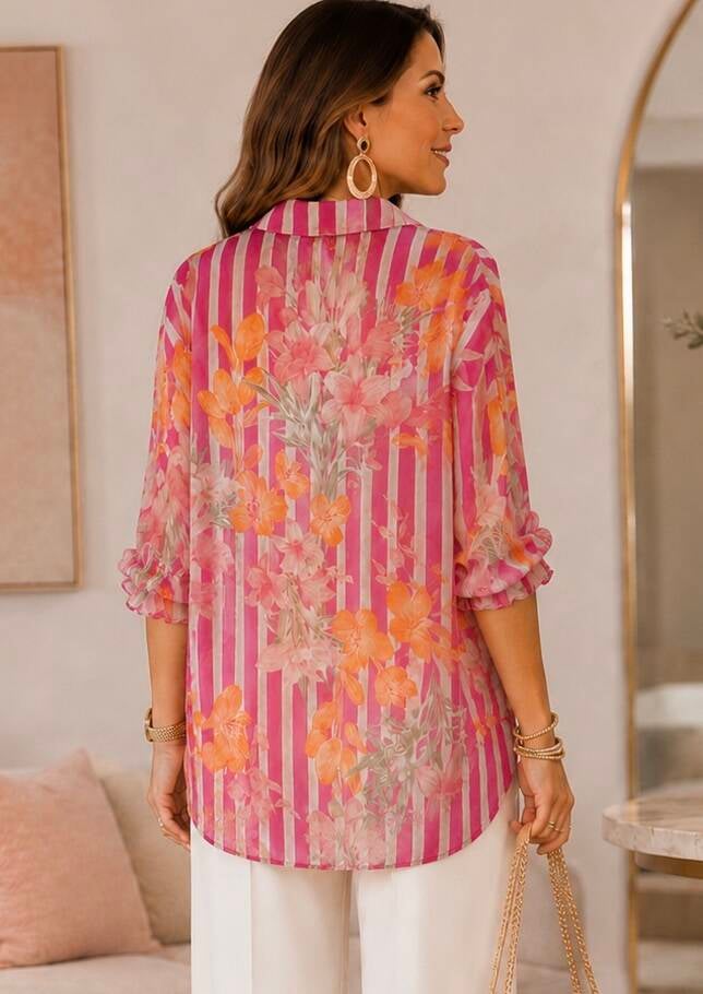 Chemise fleurie transparente fuchsia et écru – détail du tissu