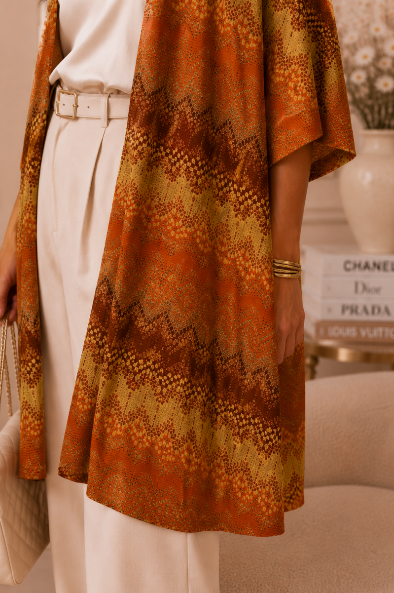 Gilet long imprimé orange ou rose – détail du tissu