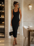 Robe longue noire côtelée près du corps – vue principale