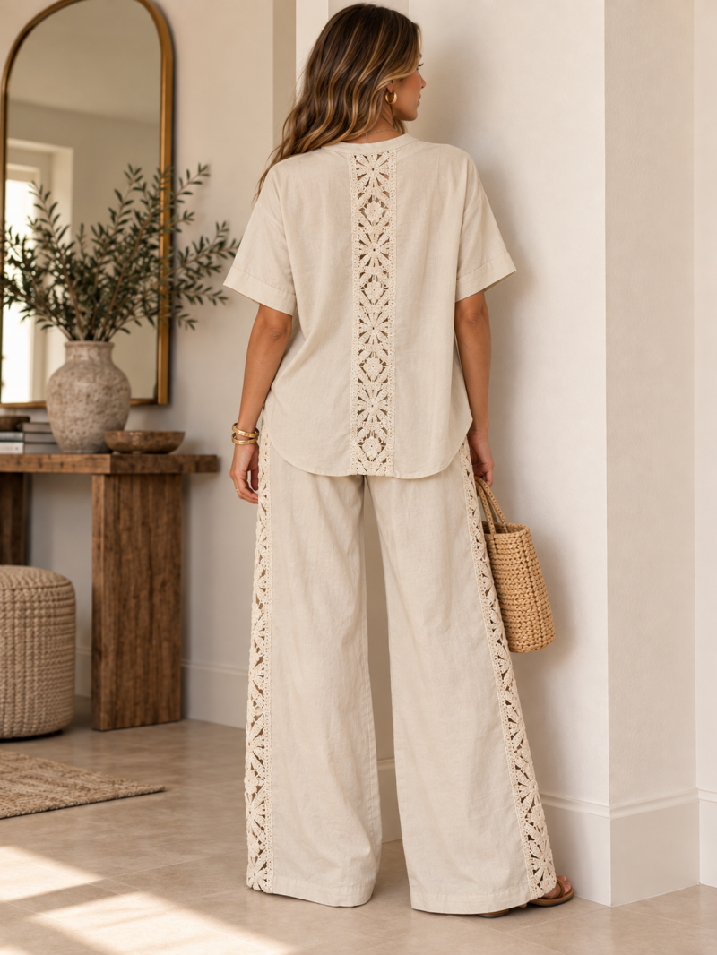 Ensemble chemise & pantalon beige crochet - Taille L (38 au 40) Made in Italy – vue 5