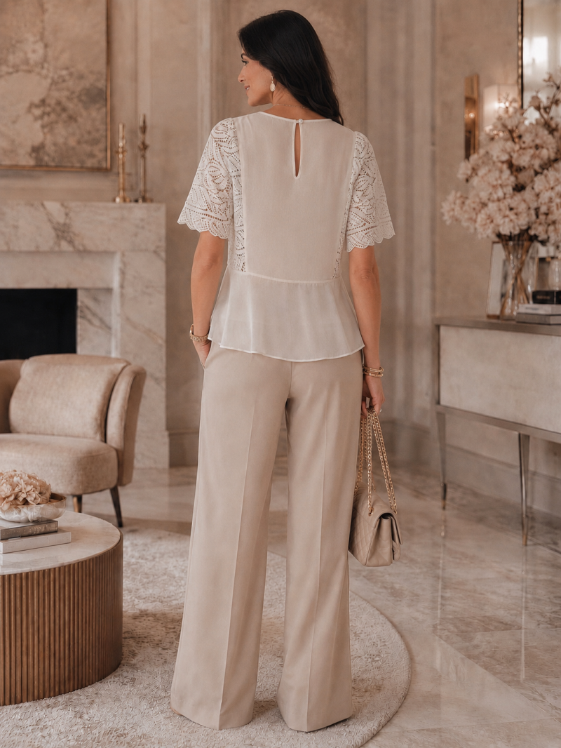 Top écru à manches macramé et sequins – détail de la finition