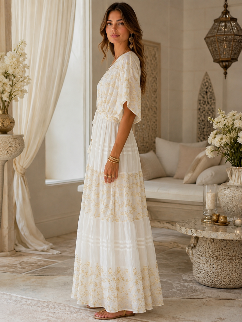 Robe longue blanche brodée dorée – détail du tissu