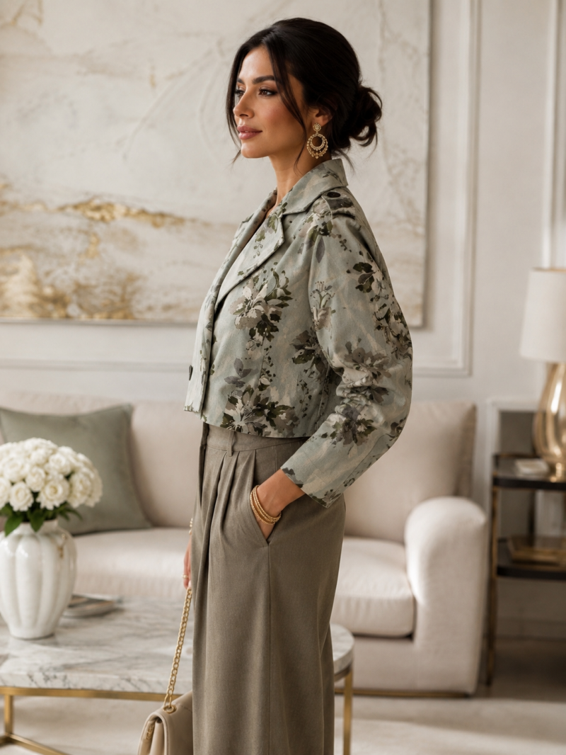 Veste courte fleurie vert sauge – détail du vêtement