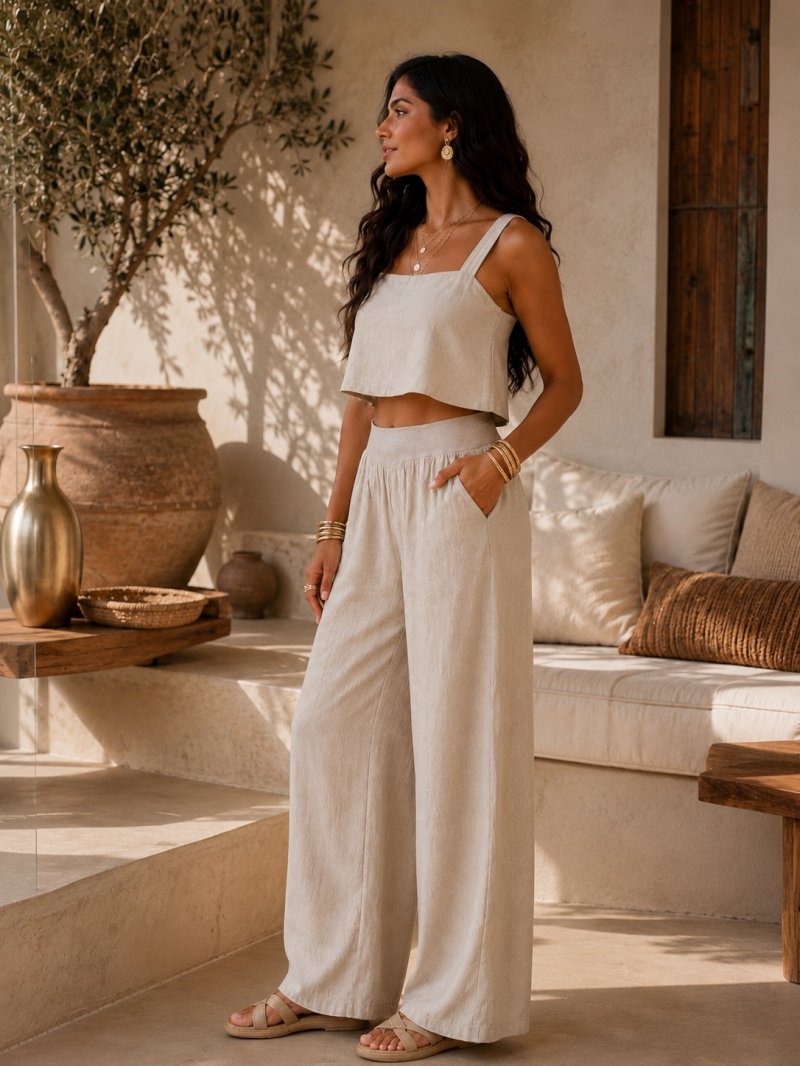 Pantalon large beige clair en lin – vue de côté