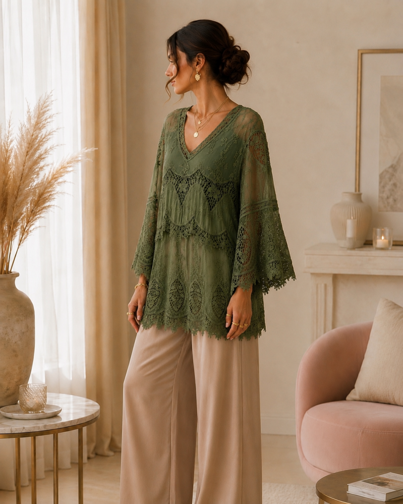 Tunique bohème en dentelle vert kaki – vue additionnelle