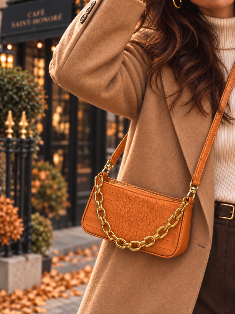 Sac croco orange à chaîne dorée