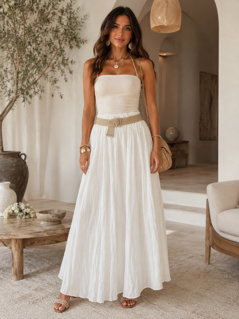 Jupe longue avec ceinture beige – Taille unique (34 au 38) Made in Italy
