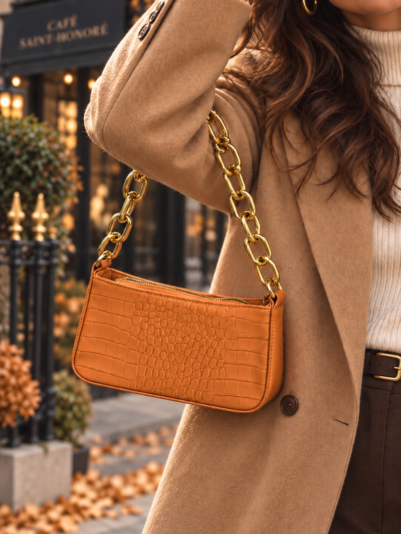 Sac effet croco orange à chaîne dorée – vue complémentaire