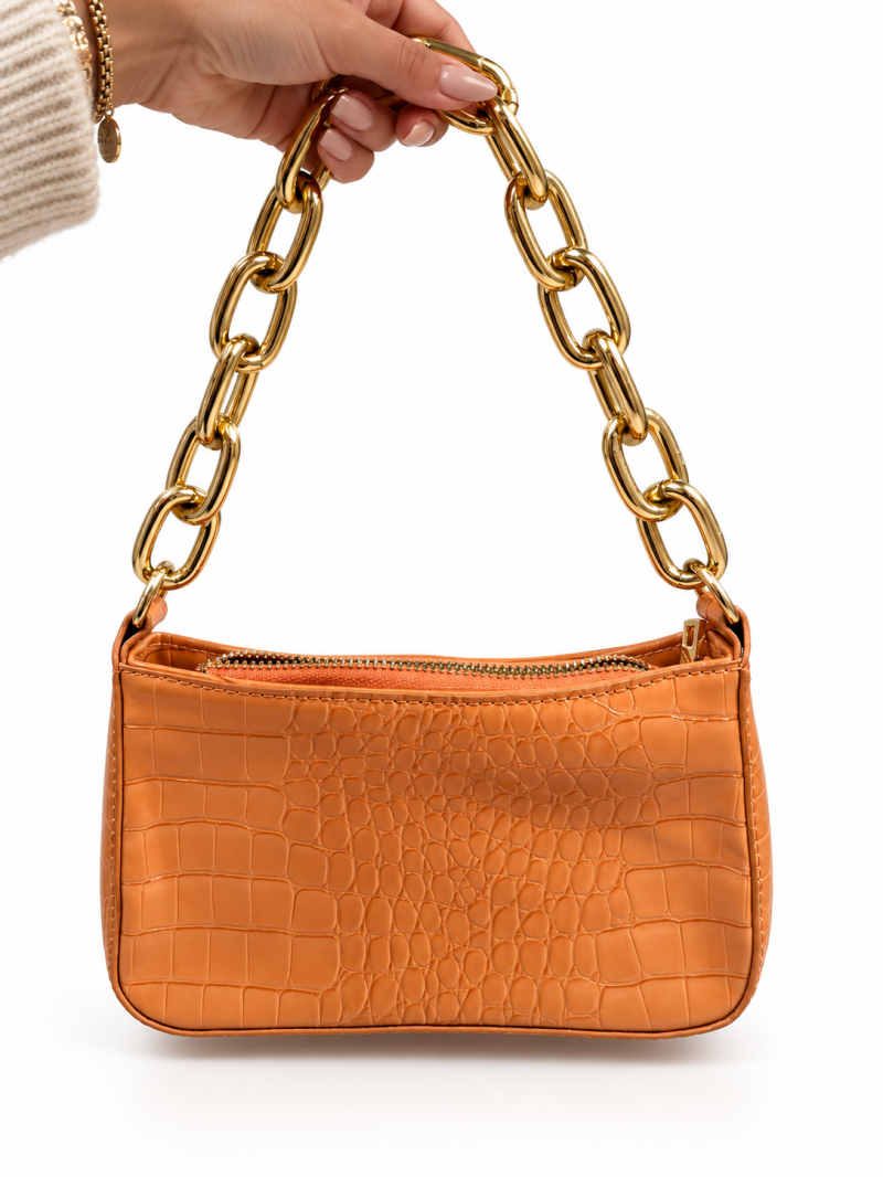 Sac croco orange à chaîne dorée – vue 3
