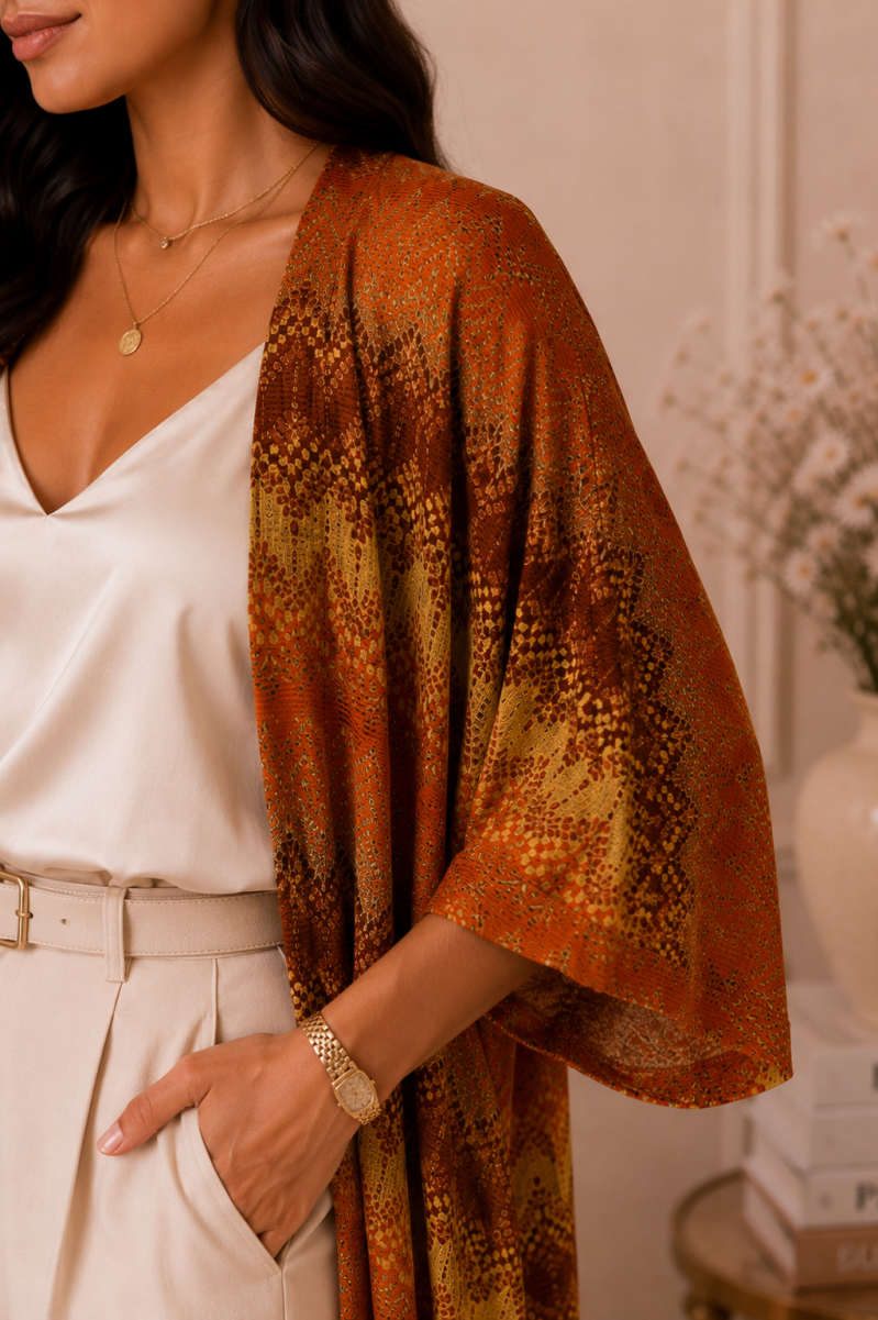 Gilet long imprimé orange ou rose – détail de la coupe