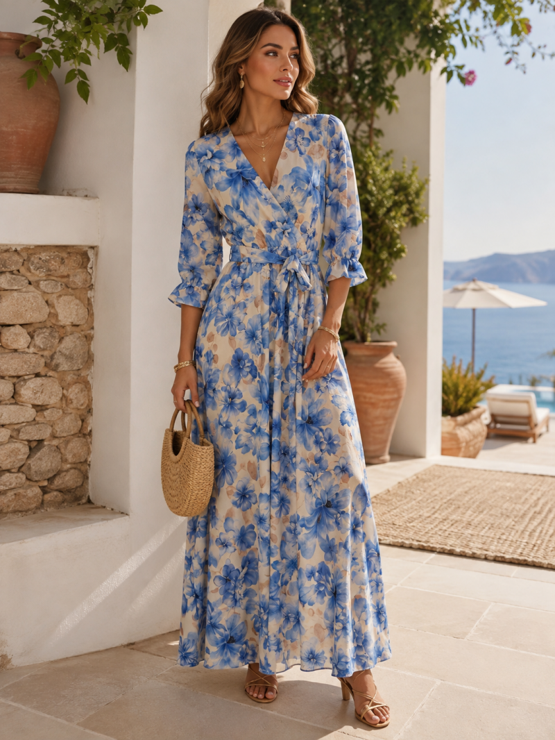 Robe longue fleurie bleue effet portefeuille – Taille unique (38 au 42) Made in Italy