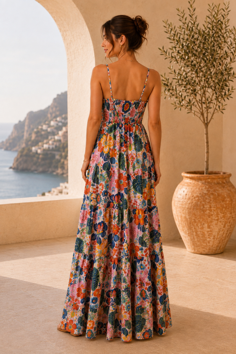 Robe longue fluide bleu turquoise en soie mélangée – détail du tissu
