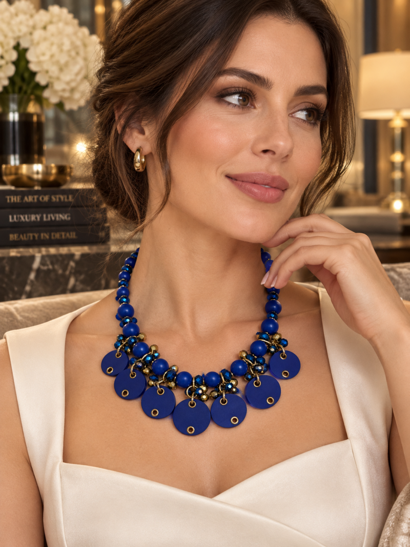 Collier plastron bleu cobalt à pampilles – vue 2