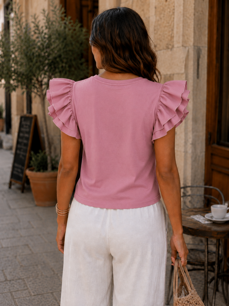 Top rose poudré à triple volants – autre vue