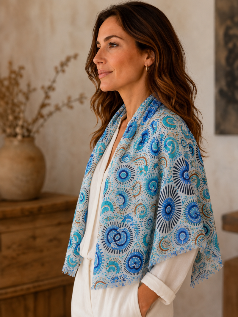 Foulard imprimé éventails bleu & turquoise – vue 4