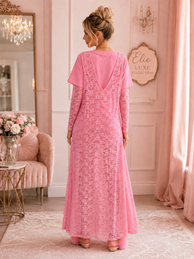 Ensemble 2 pièces rose Robe longue en dentelle & haut – Taille unique (36 au 40) Made in Italy – vue 6