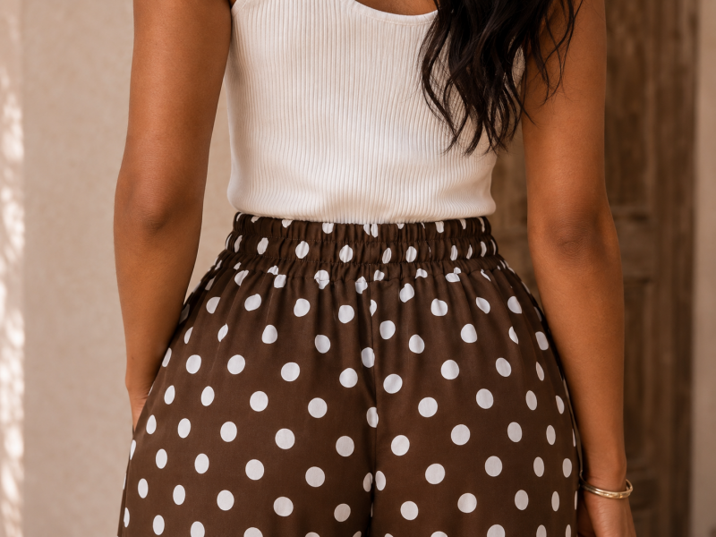 Pantalon à pois chocolat et blanc – détail du tissu