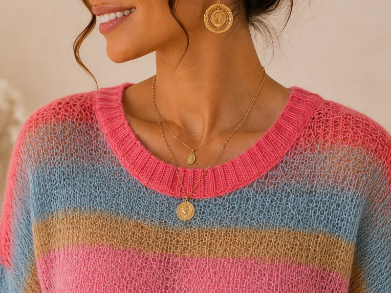 Pull léger en maille rayée rose et bleu ciel – détail du vêtement