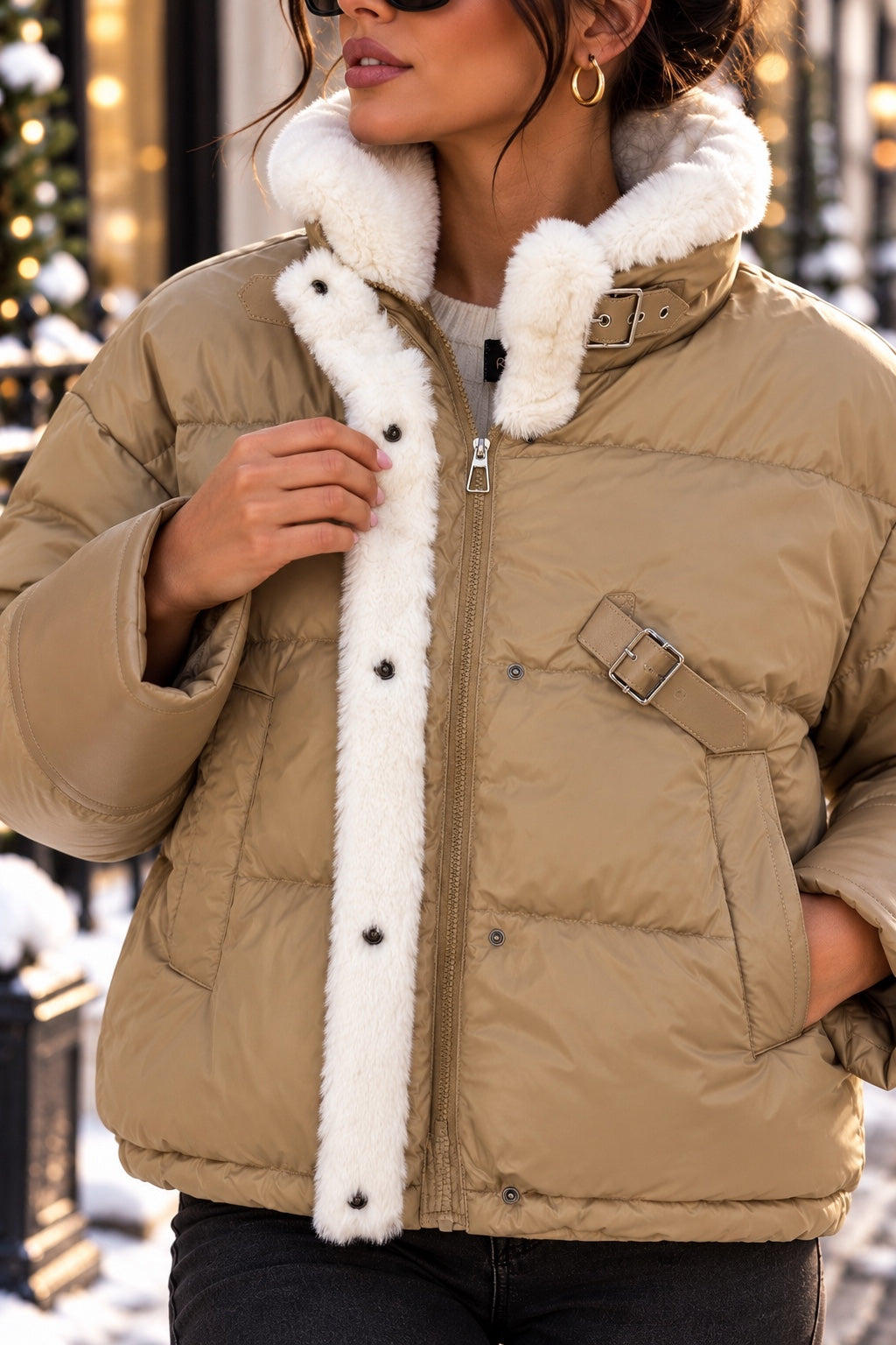 Doudoune beige femme Remix ouverture zippée et fausse fourrure