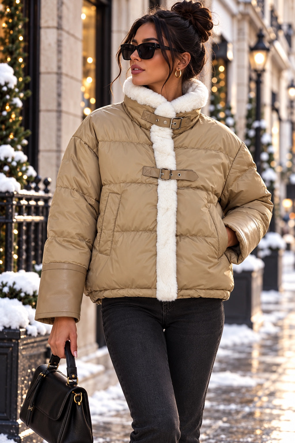 Doudoune courte beige femme Remix vue de face