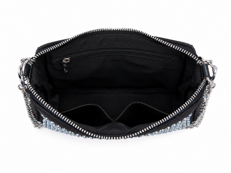 Sac à épaule noir à strass irisés – Bandoulière & chaîne argentée – vue 4