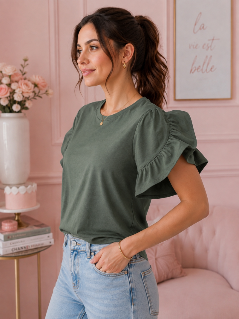 T-shirt vert kaki à manches volantées – détail du vêtement