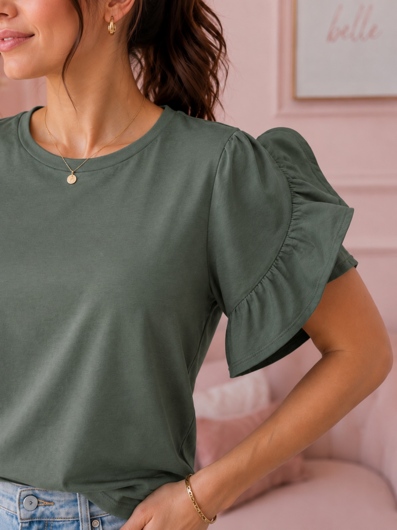 T-shirt vert kaki à manches volantées – vue complémentaire