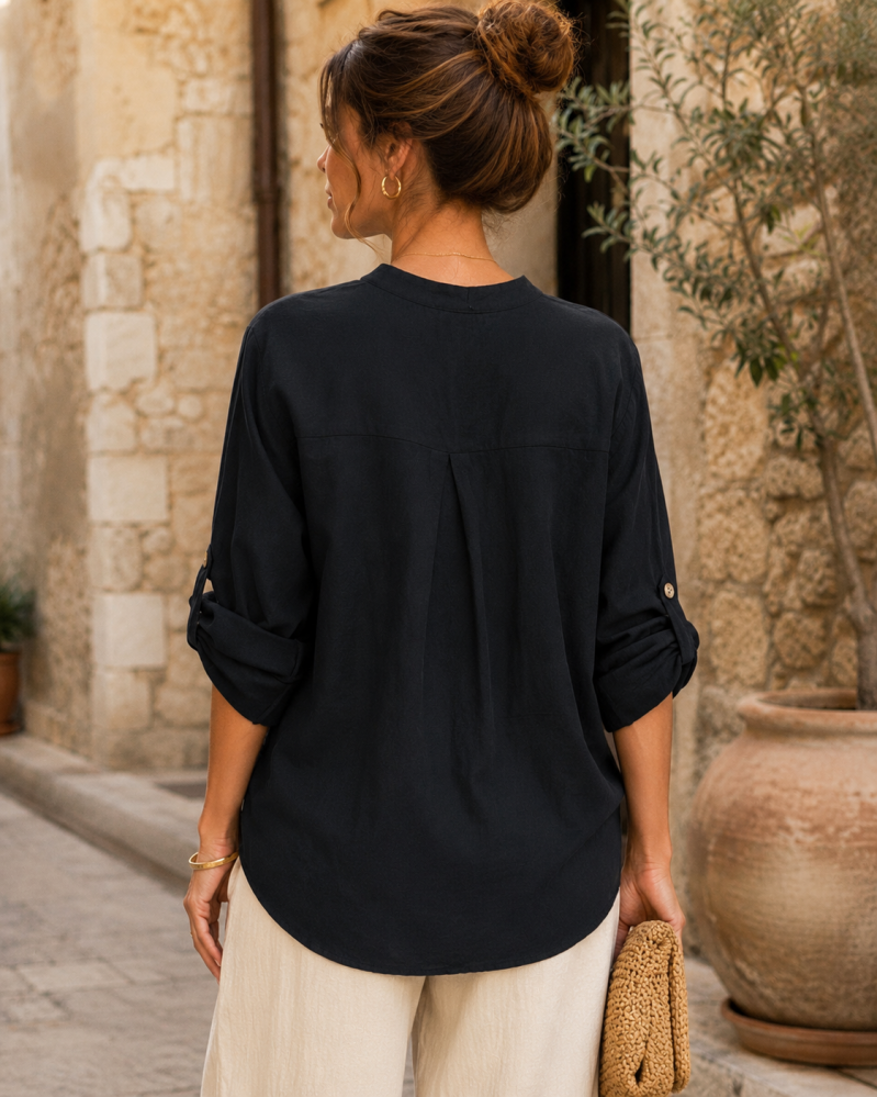 Blouse longue fluide noire – détail de la coupe