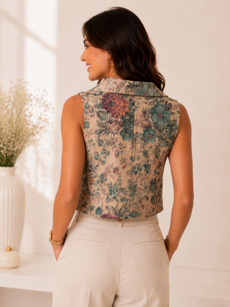 Gilet tailleur fleuri sans manches beige et vert d’eau – vue de dos