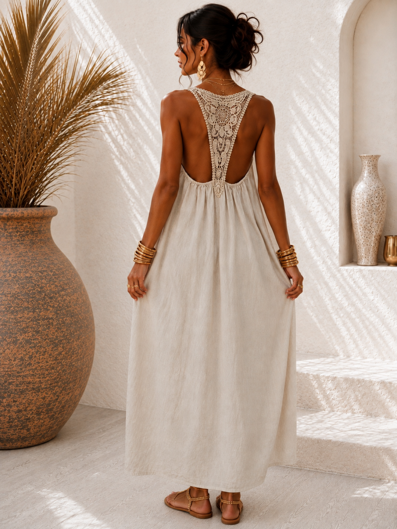 Robe longue bohème écrue à crochet – vue de côté