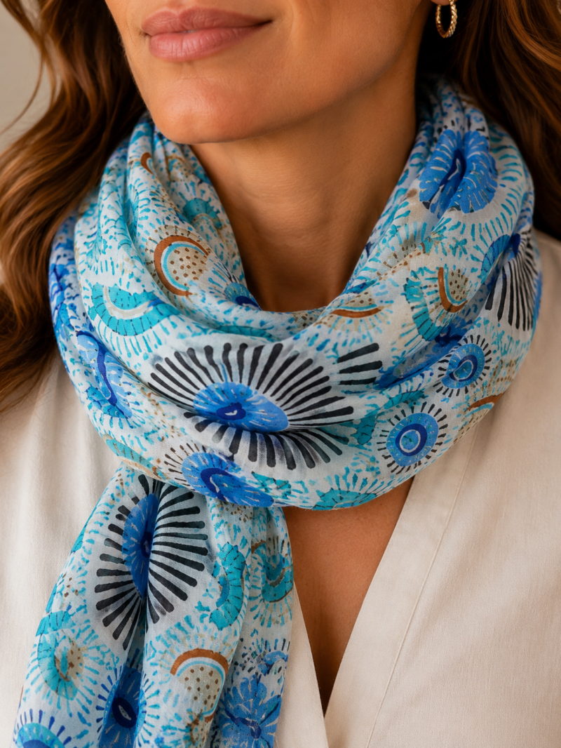 Foulard imprimé éventails bleu & turquoise – vue 2