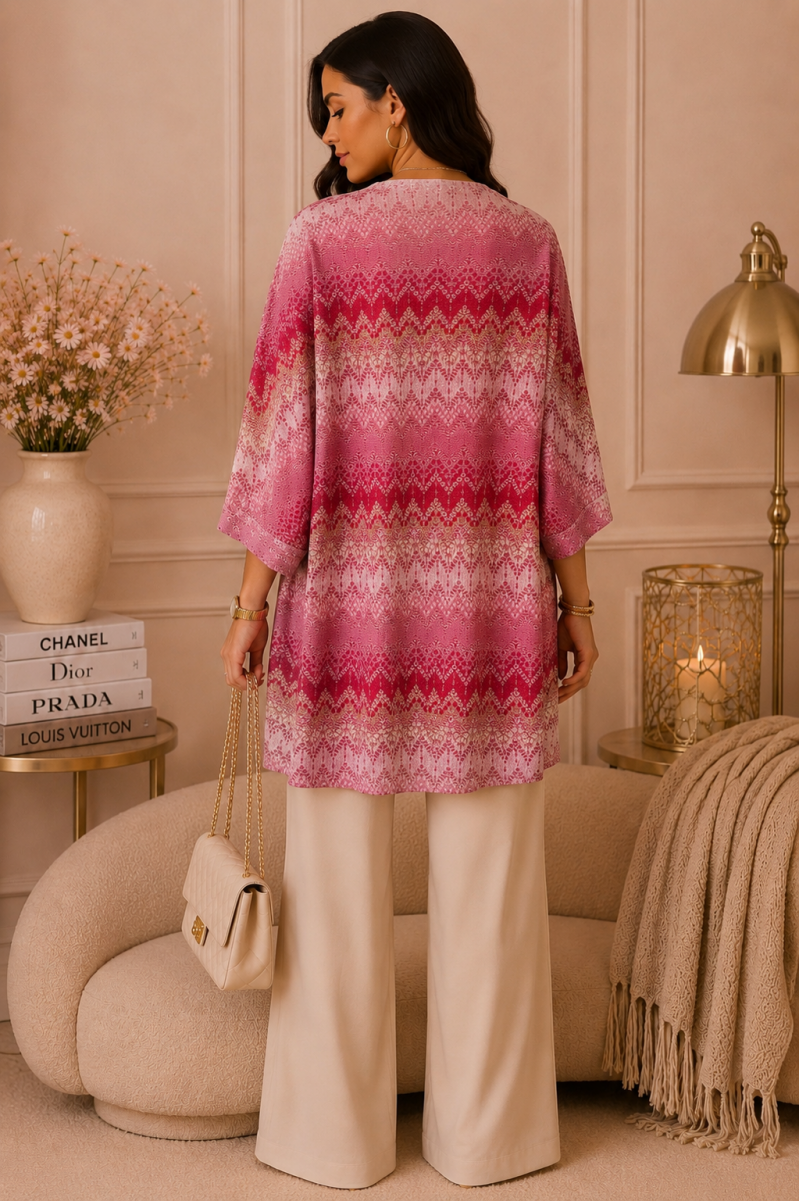 Gilet long imprimé orange ou rose – détail du vêtement