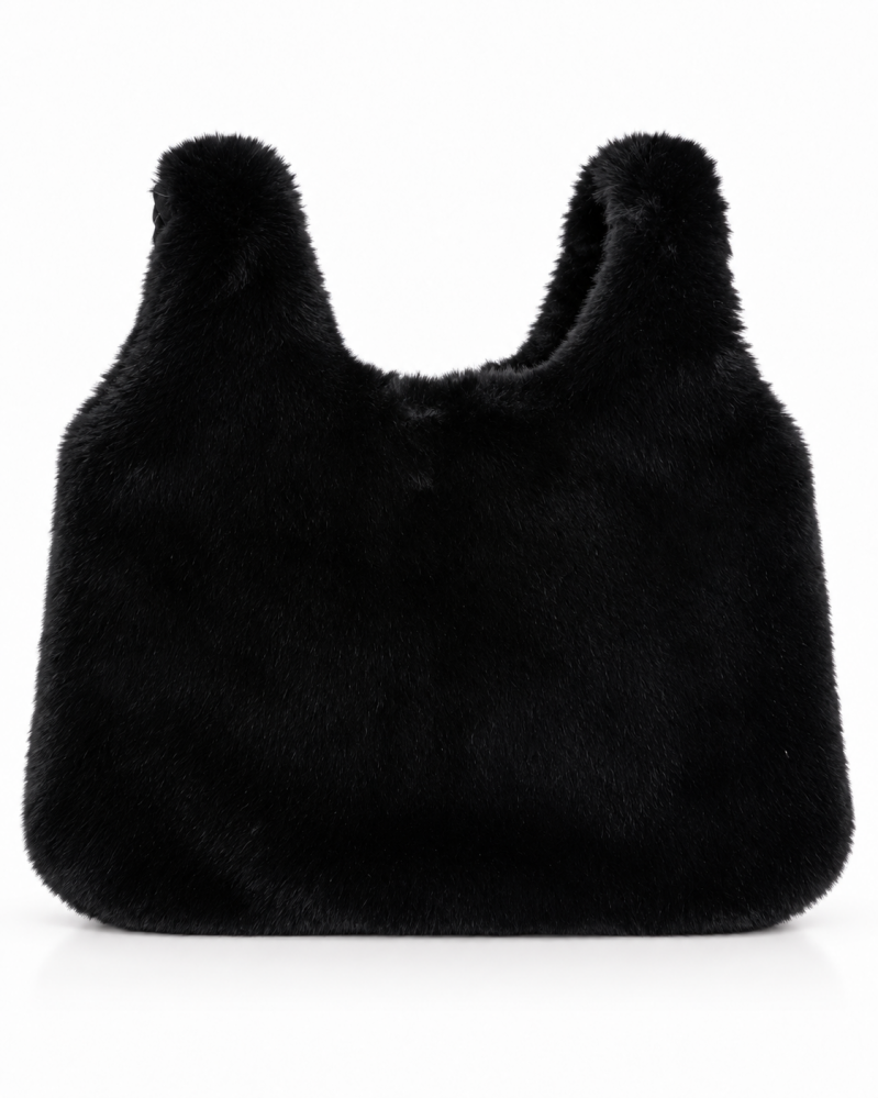 Sac à main en fausse fourrure bordeaux et noir – détail de la matière