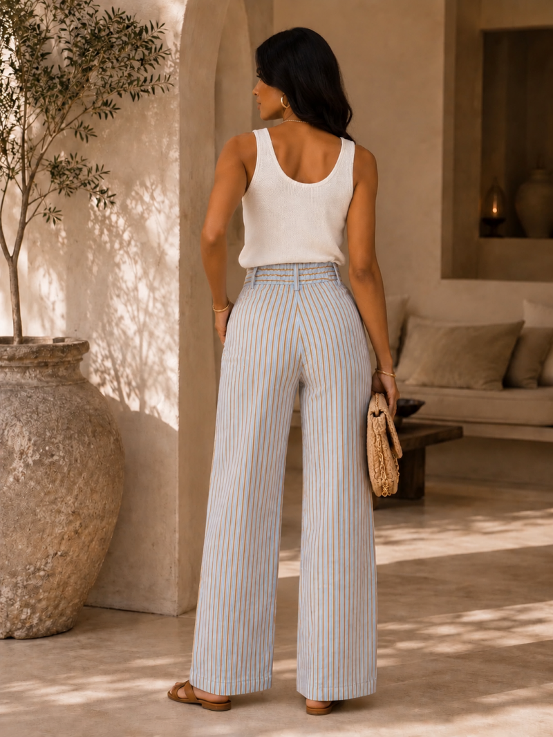 Pantalon palazzo rayé bleu ciel et camel – vue de dos