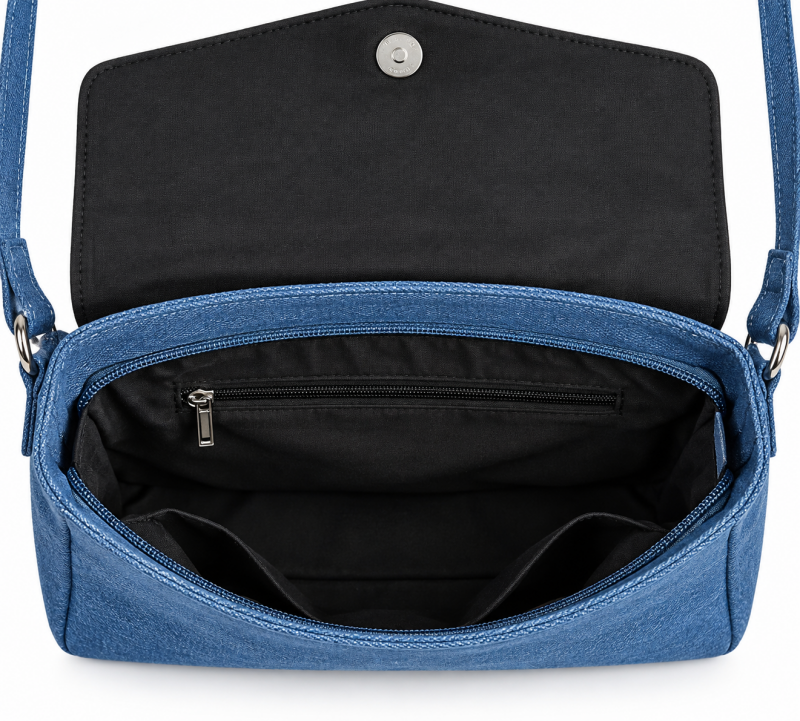 Sac bandoulière aspect denim bleu – présentation complémentaire