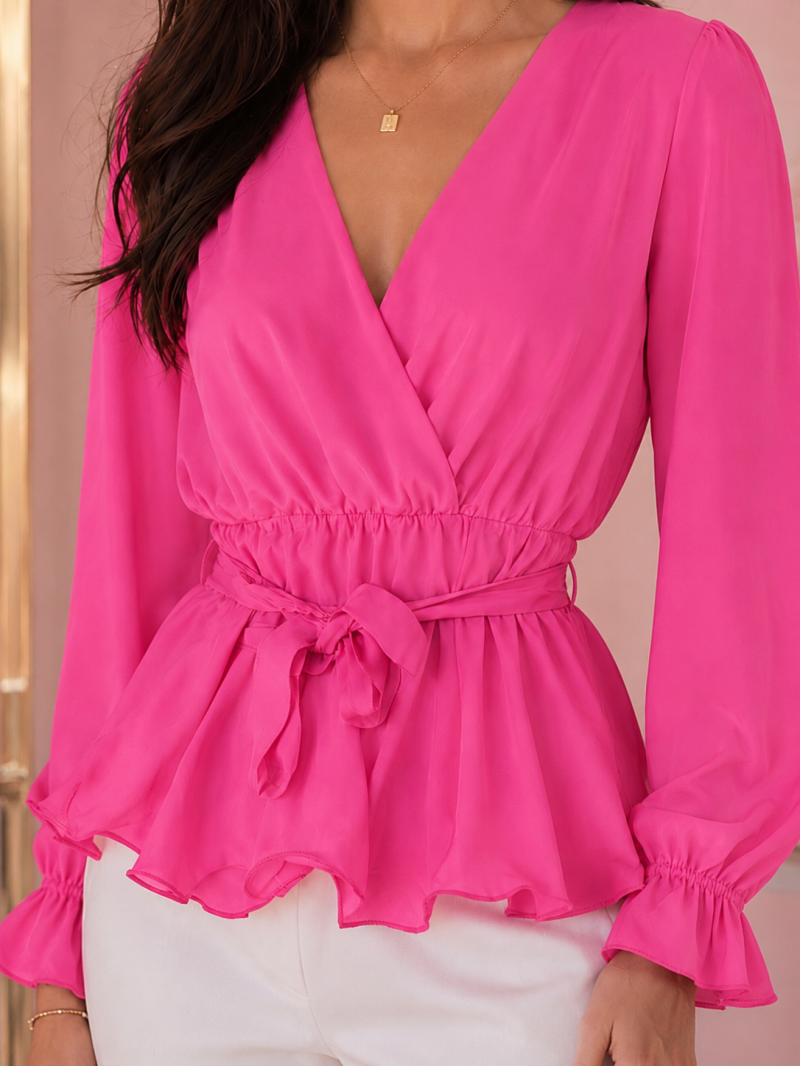 Blouse cache-cœur fuchsia à volants – vue de côté