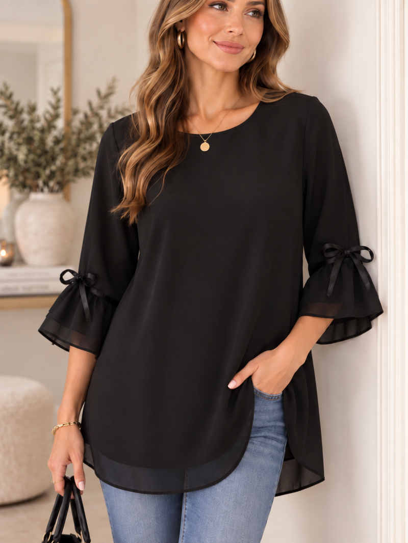 Blouse noire & nœuds satinés - Taille unique (38 au 44) Made in Italy