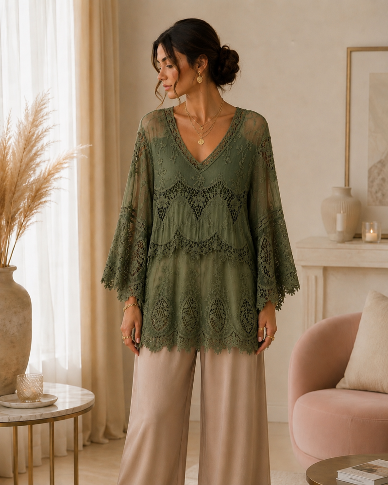 Tunique bohème en dentelle vert kaki – autre détail