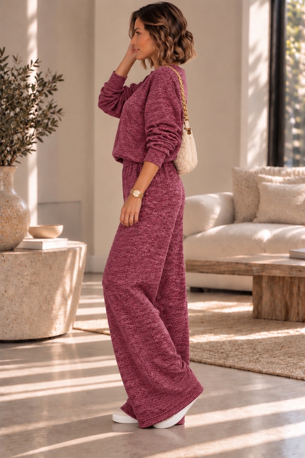 Ensemble femme bordeaux rose chiné pantalon large – vue de côté