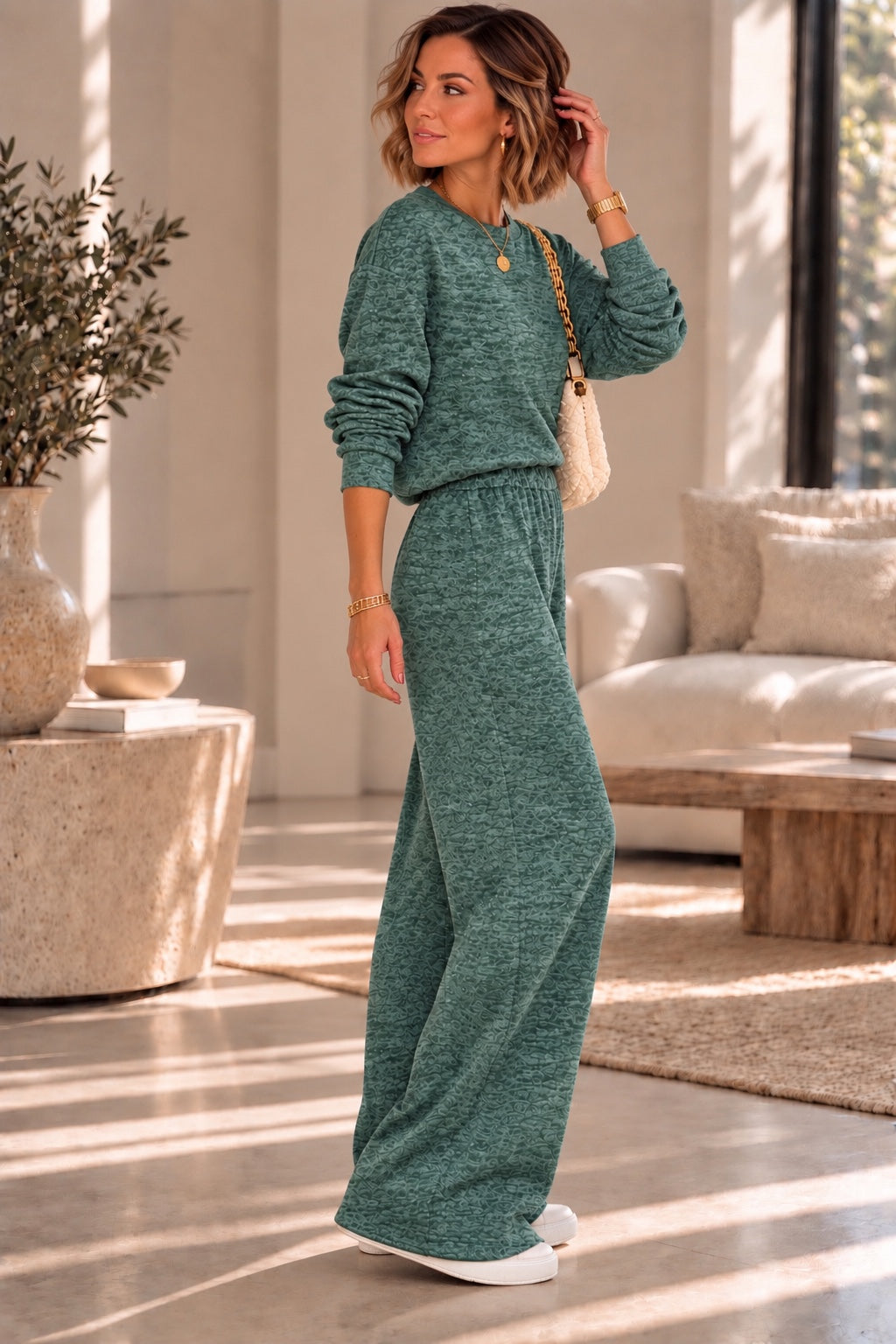 Ensemble femme vert chiné pantalon large – vue de côté