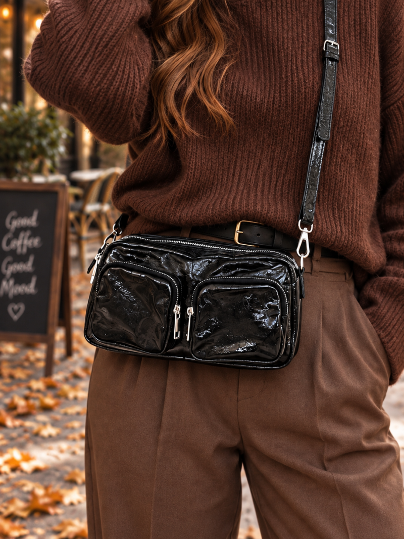 Sac bandoulière noir brillant – multi-poches