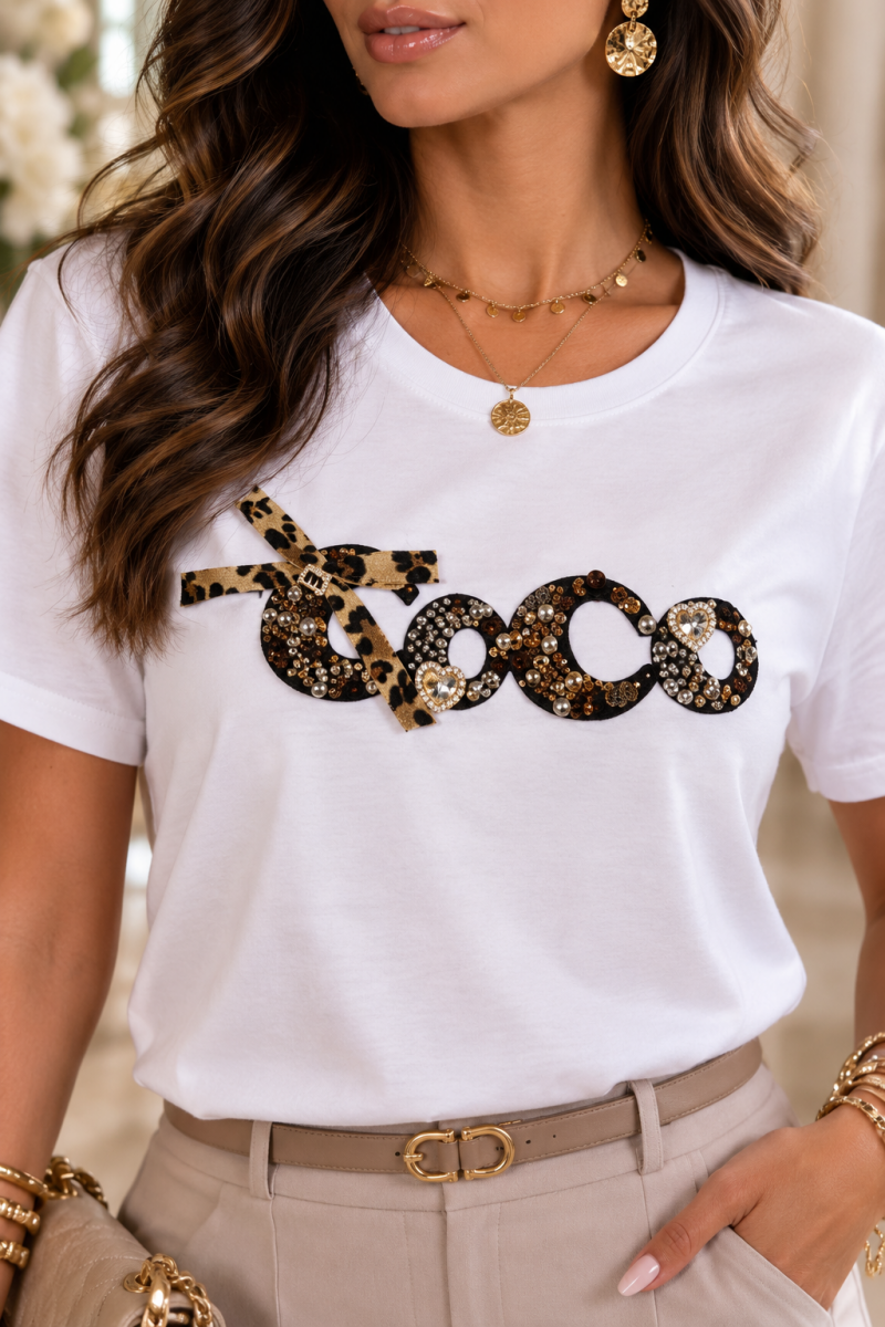T-shirt blanc COCO bijoux et léopard – vue principale