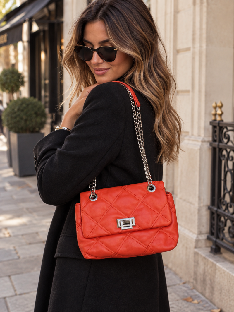Sac matelassé rouge corail à chaîne – vue principale