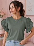 T-shirt vert kaki à manches volantées – vue principale