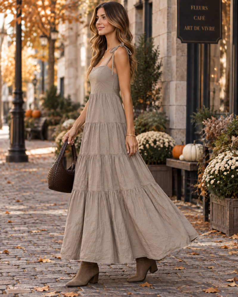 Robe longue à volants taupe - Taille unique (34 au 38) Made in Italy – vue 3