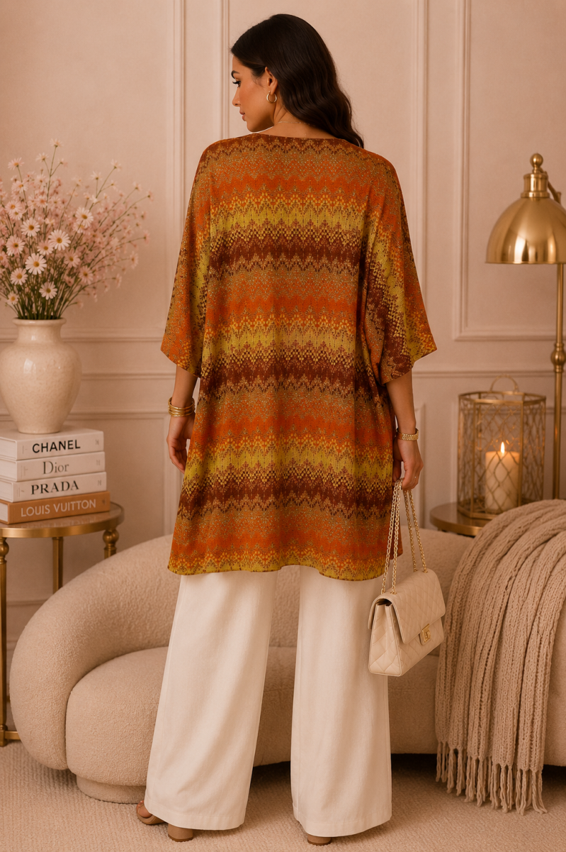Gilet long imprimé orange ou rose – vue complémentaire
