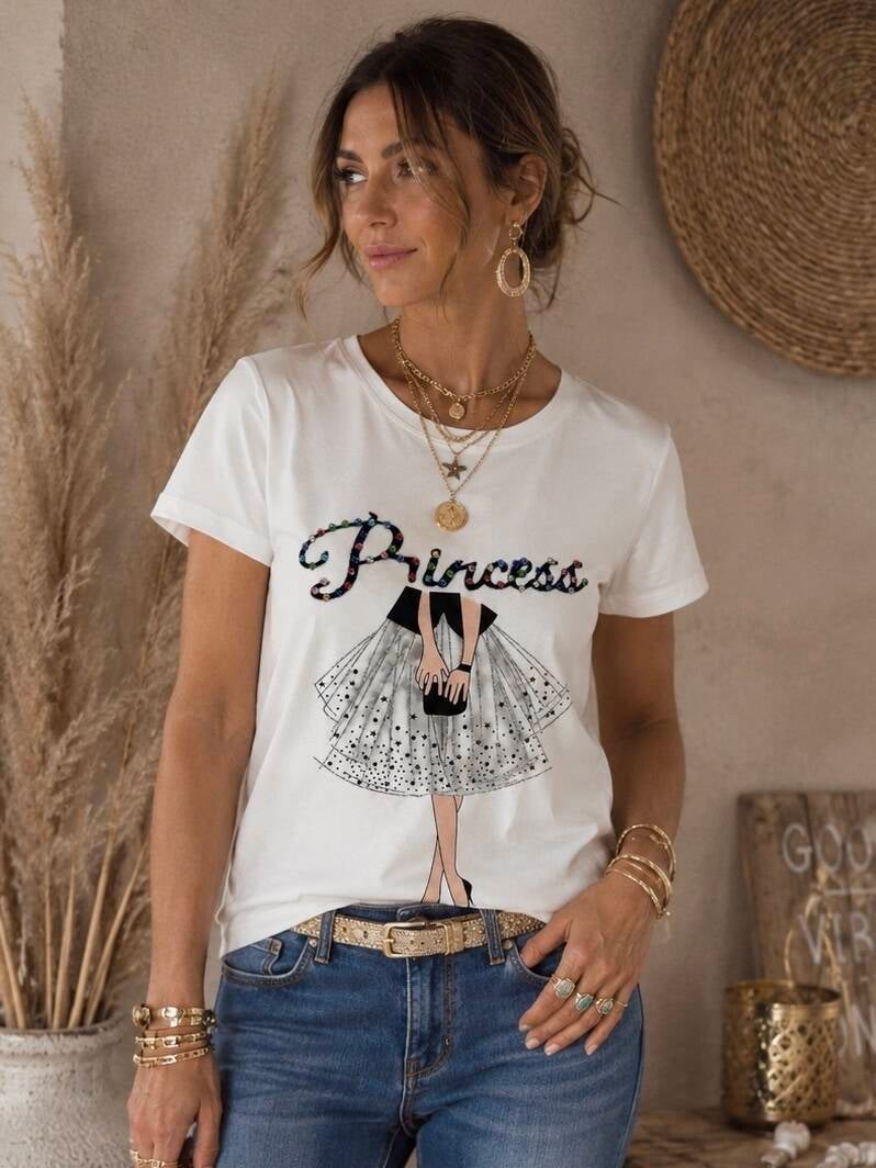 T-shirt blanc strass multicolores – Taille L/XL (34 au 40) – vue 3